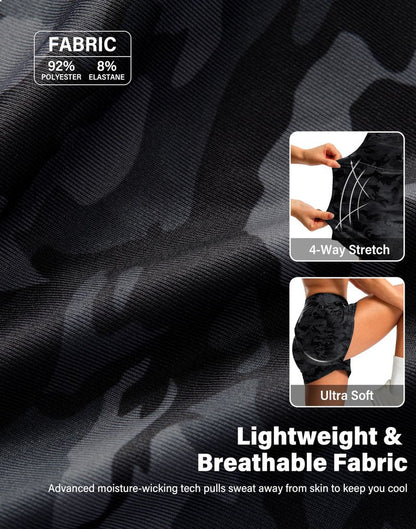 Soothfeel Women's Athletic Running Shorts with Zipper Pockets 3" High Waisted Workout Active Gym Shorts for Women with Liner Black Camo Medium