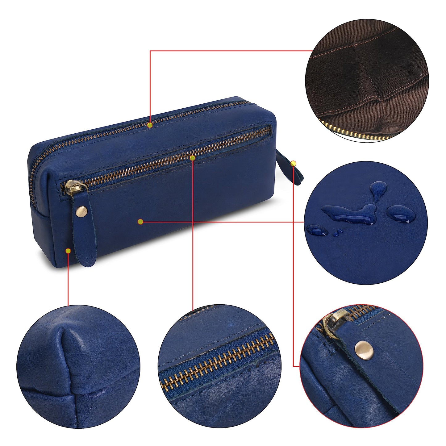 Wonderpool Pen Case Real Leather Pencil Pouch Markers Holder Big Capacity Bag with Side Zippered Pocket Sleeve for Stationery Makeup Utensils Organizer (Blue)