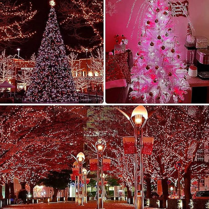 OZS 4 Pack 320LED Solar Christmas String Lights Outdoor, Waterproof 8 Modes Solar Tree Light, Green Wire Christmas Lights Outdoor for Garden, Party, Wedding, Christmas Decorations (Red&Cool White)