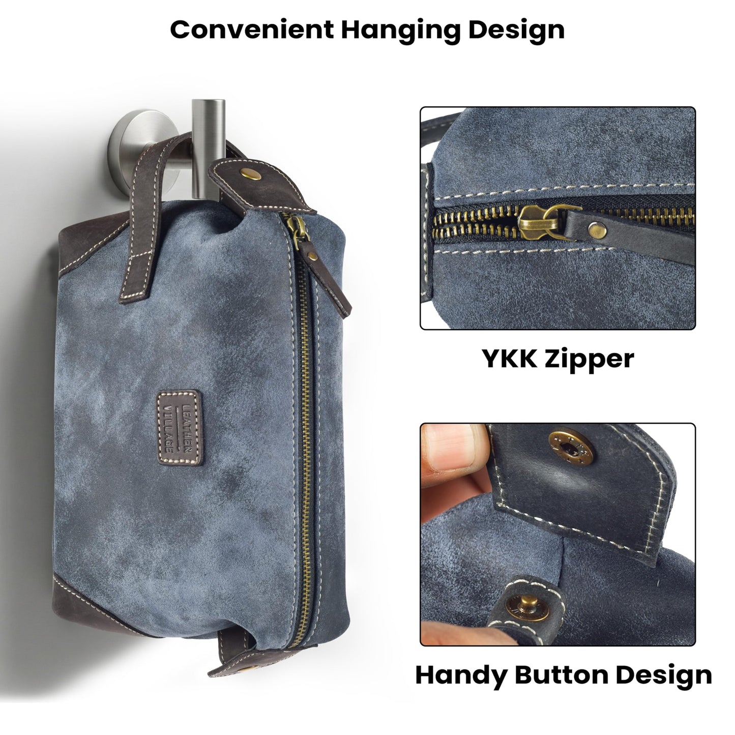LEATHER VILLAGE Genuine Leather Dopp Kit for Men & Women with Waterproof Lining – Distressed Travel Toiletry Bag, Shaving & Bathroom Essentials Organizer - Distressed Blue