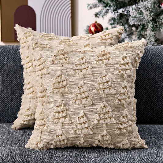Allorry Christmas Pillow Covers 18x18 inch Set of 2 Soft Plush Faux Fur Christmas Decor Beige Xmax Tree Yellow Colored Lights Decoration Throw Pillow Case for Winter Holiday Sofa Living Room PT003C18