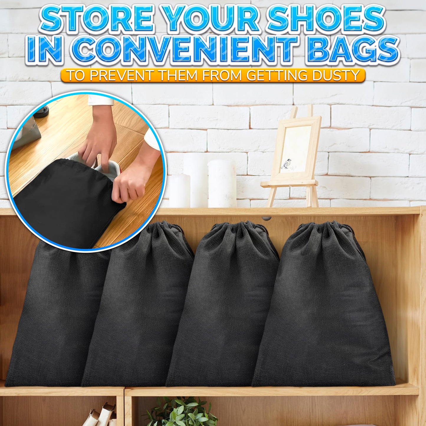 10 Pack Travel Shoe Bag Set – 11.8" x 15.75" Waterproof Drawstring Black Shoe Bags for Travel, Clothes, or Wet Gear – Lightweight Storage Organizer and Packing Essential for Women & Men