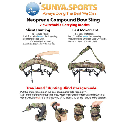SUNYA Neoprene Compound Bow Sling, Silent Hunting or Fast Movement 2 Carrying Modes Switchable. Removable & Adjustable Shoulder Strap. Camouflage Fabric.