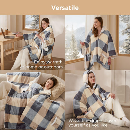 Bedsure Heated Blanket Wearable Shawl - Electric Wrap Poncho Blanket Hoodie for Adult, Birthday Gifts for Mom Women, Sherpa Heating Throw with 4 Time Settings & 6 Heat Settings, 55x64 inches, Grey