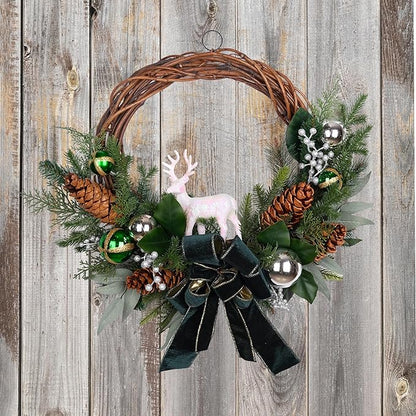 28" Lighted Christmas Wreath for Front Door, Handmade with Pinecones Ornaments Deer Bow, Christmas Wreath Decoration for Home Door Porch Wall Indoor Outdoor