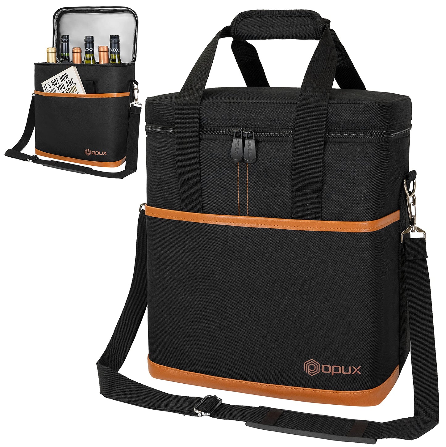 opux 6 Bottle Carrier Tote | Insulated Padded Wine Cooler Bag for Travel. Picnic, BYOB | Portable Leakproof Wine Tote Bag for Dinner, Party, Christmas, Wine Gift for Women, Men (Brown)