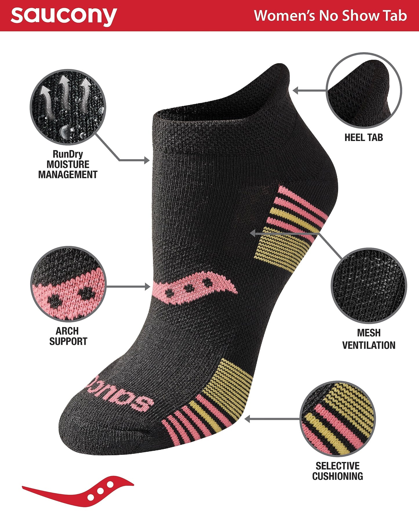 Saucony Women's RunDry Performance 8, 16 Pairs Heel Tab Athletic Socks, S-L, Black Rose Assorted (8 Pairs), Medium