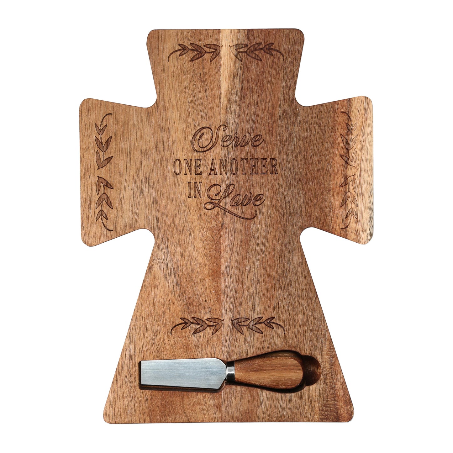 Pavilion - Serve One Another In Love - 12" x 8.75" Cross-Shaped Acacia Wood With Spreader Charcuterie Bread Cheese Serving Board Inspirational Spiritual Faith Religious God Jesus Church Friend Gift