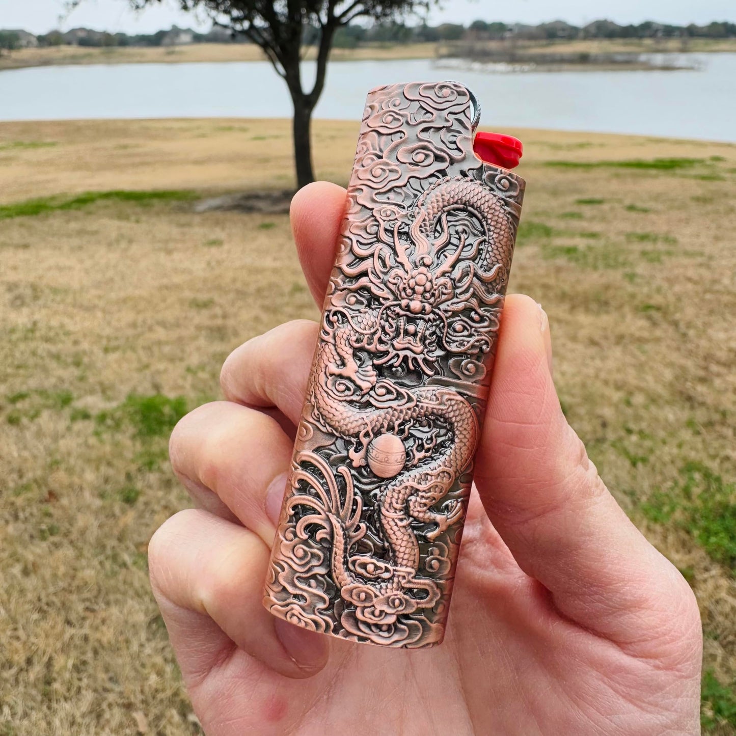 Metal Lighter Case Fits BIC Standard Full-Size J6 Lighter,Durable Holder Cover Compatible with BIC Dragon and Clouds Design in Bronze or Rose Gold (Rose Gold)