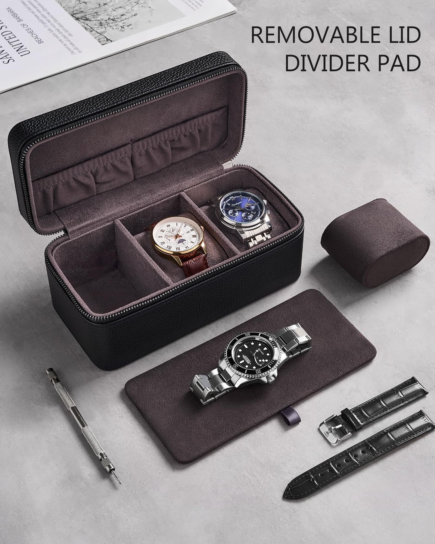ProCase Black 12 Slot Watch Box and Black 3-Slot Watch Travel Case Bundle, 2-Tier Pull-Out Drawer Organizer, Clear Top Display Lid, Jewelry and Sunglasses Storage, Portable PU Leather Watch Holder