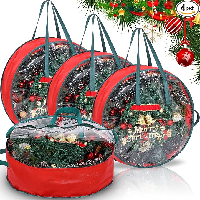 Shappy 4 Pcs Christmas Wreath Storage Bag Clear Wreath Box Wreath Storage Containers with Clear Window and Handle Christmas Garland Storage Containers for Xmas Holiday Seasonal Storage (36 Inch)