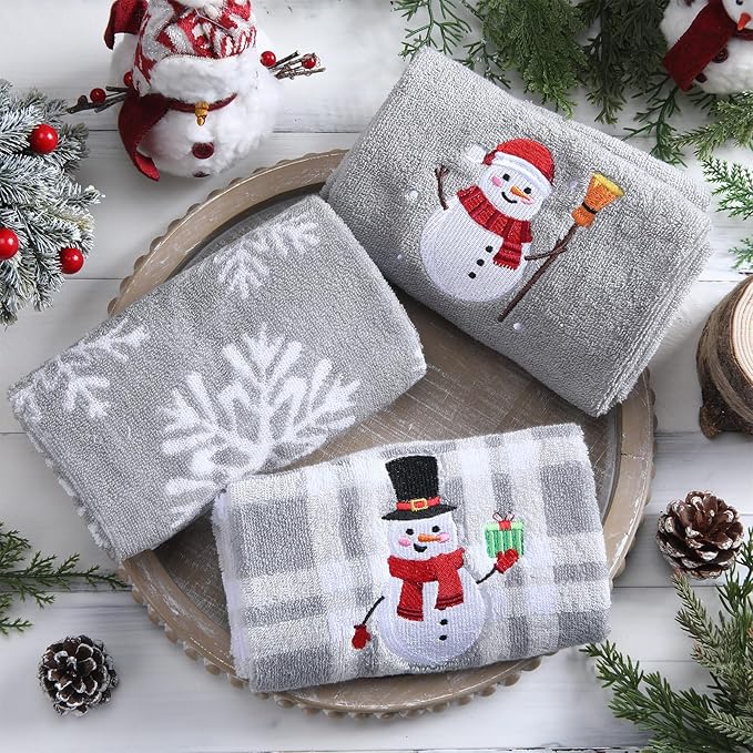 3 Pcs Winter Hand Towels for Bathroom Snowflake Snowman Embroidered Bathroom