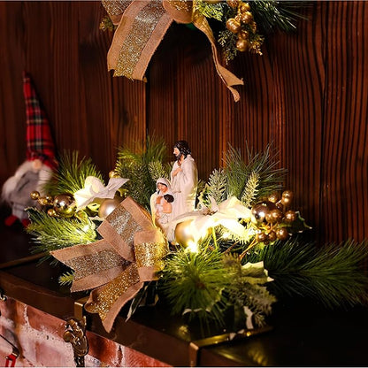 MOONET Christmas Table Centerpiece with LED Lights, White Plastic Pine Needle Ornament, Red Berry, Christmas Balls for Holiday Party, Home, Fireplace