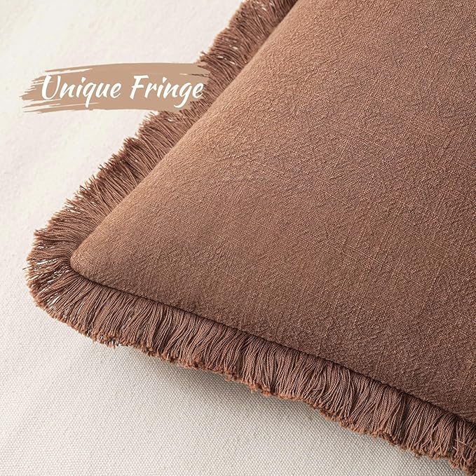 MIULEE Decorative Throw Pillow Covers Neutral Linen Fringe Throw Pillows Set of 2 Brick Boho Farmhouse Cushion Covers with Tassels for Couch Sofa Bed Living Room Spring Home Decor 16x16 Inch
