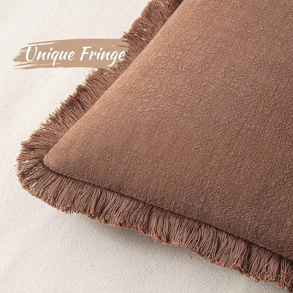MIULEE Decorative Lumbar Throw Pillow Covers Neutral Linen Fringe Throw Pillows Set of 2 Brick Boho Farmhouse Cushion Covers with Tassels for Couch Sofa Bed Living Room Spring Home Decor 12x20 Inch