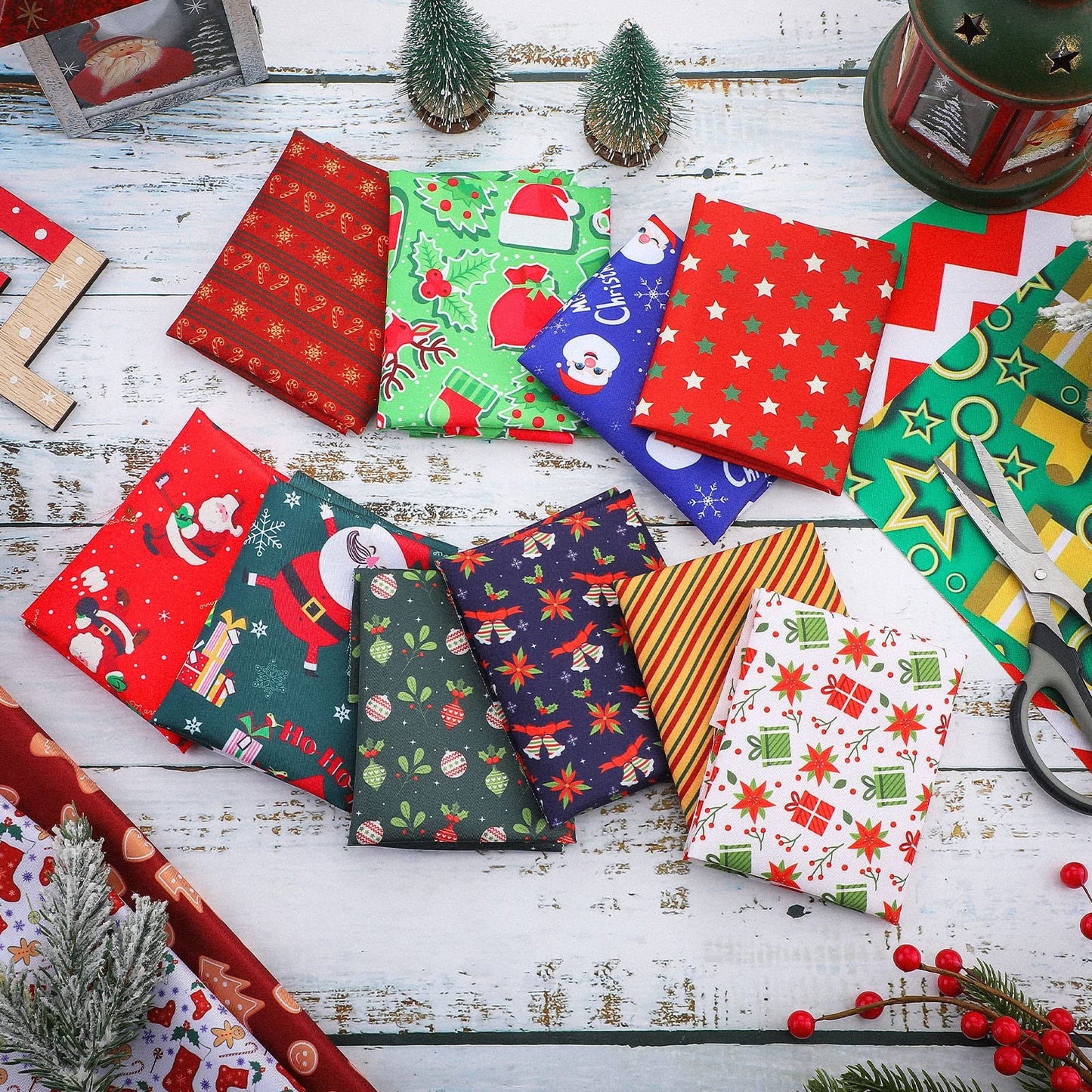 Tudomro 60 Pieces Christmas Fabric Squares 10 x 10 Inch Christmas Sewing Quilting Material Bundles Holiday Santa Tree Claus Elk Snowflake Printing Fabric for Patchwork Sewing DIY Party