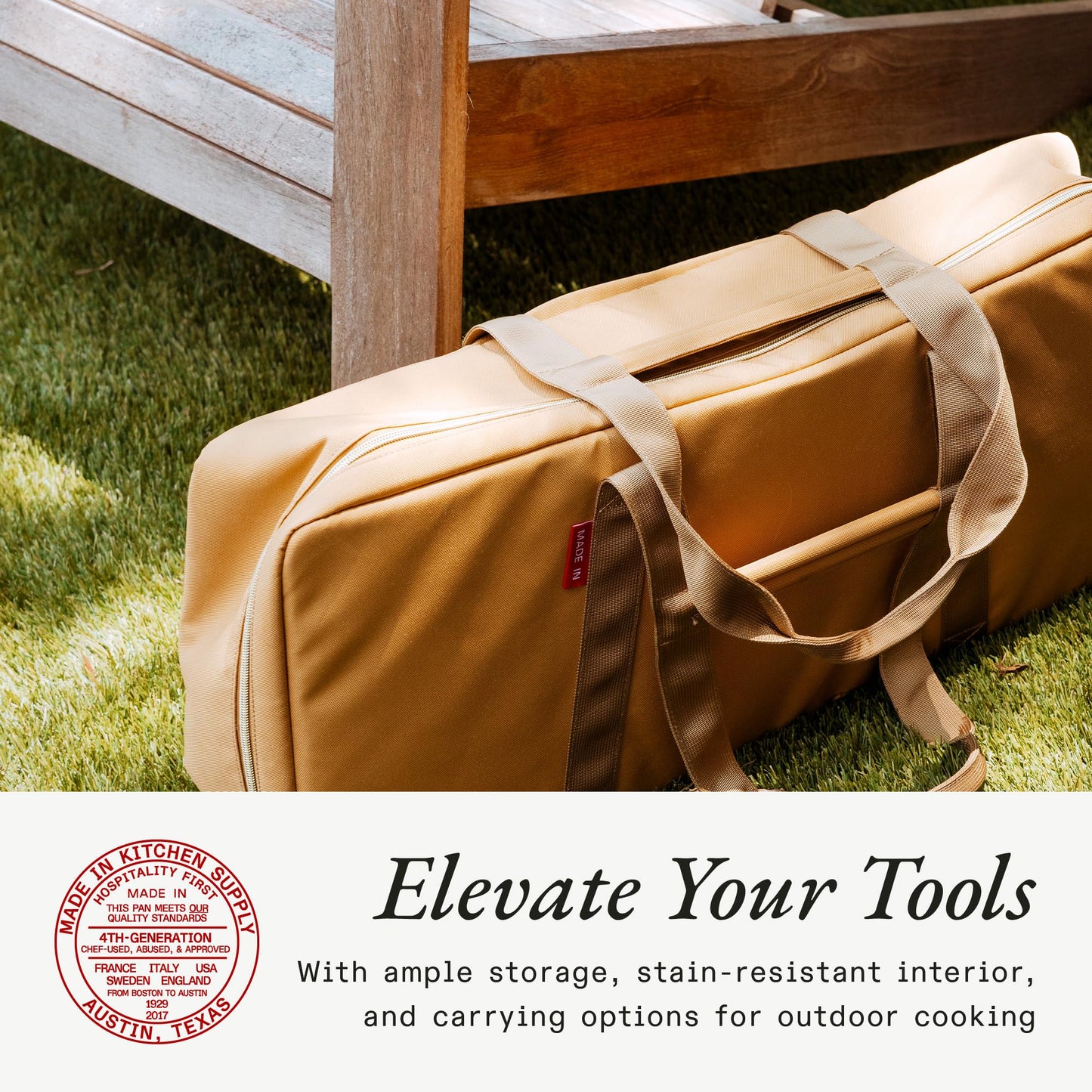 Made In Cookware - Griddle Utility Bag - Fits 2-Burner Carbon Steel Griddle - Removable Stain-Proof Interior - Luggage Grade Nylon - Camel Exterior and Olive Interior