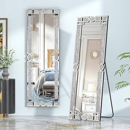 ENENE Crystal Mirrors Full 63"(H) Crushed Diamond Full Body Mirror Silver Long Floor Standing Mirror for Bedroom Living Room Bathroom Wall Mounted