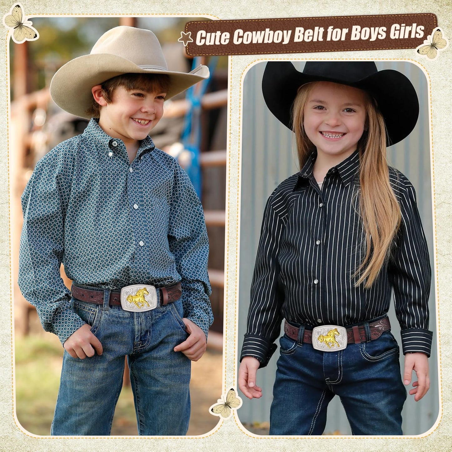 JKEEMI Kids Western Belt, Boys Girls Cowboy Belt for Kids with Detachable Square Buckle and Genuine Leather for Jeans Gifts