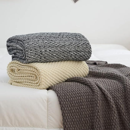 Longhui bedding Black Knitted Throw Blanket for Couch, Soft, Cozy Machine Washable 100% Cotton Sofa Cable Knit Blankets, 4.0lb Weight, 60 x 80 Inches Oversized, Black White Color