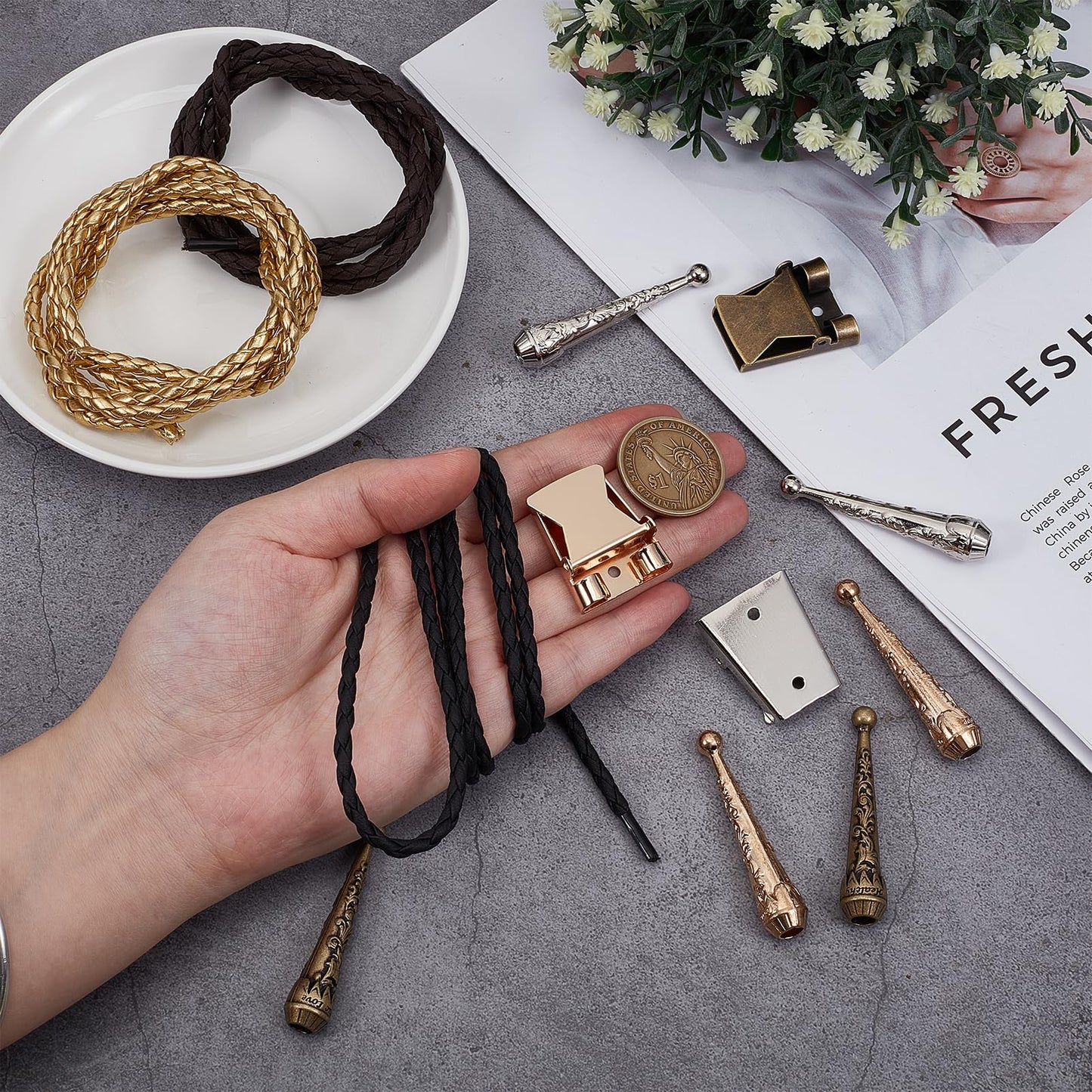 NICENEEDED Bolo Tie Making Kit, Bolo Tie Tips Replacement Accessories with 6 PCS Zinc Alloy Cord End 3 PCS Slide Clasps and 3 PCS Leather Necktie Cord, Western Style Tie Supplies for Bolo Tie Making
