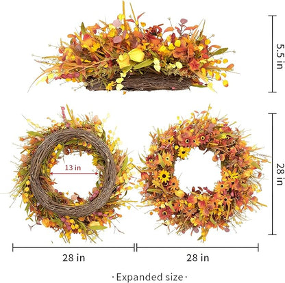 JINGHONG 28 Inch Large Fall Wreaths for Front Door Artificial Fall Wreath Floral Autumn Wreath with Colorful Daisies Fall Foliage for Indoor Outside Door Harvest Festival Thanksgiving Day Celebration