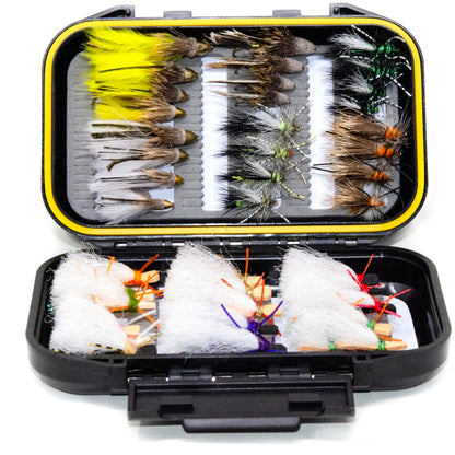 40 Premium Hand Tied Fly Fishing Flies Assortment | Marabou Muddler Minnow and Stimulator Rubber Legs, Chubby Chernobyl Ant | Dry, Wet, Nymphs, Streamers, Hopper, Terrestrials