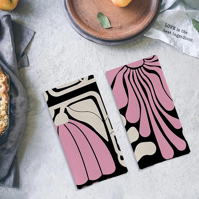 Abstract Boho Pink and Beige Floral Kitchen Towels Set of 2, Retro 70s Groovy