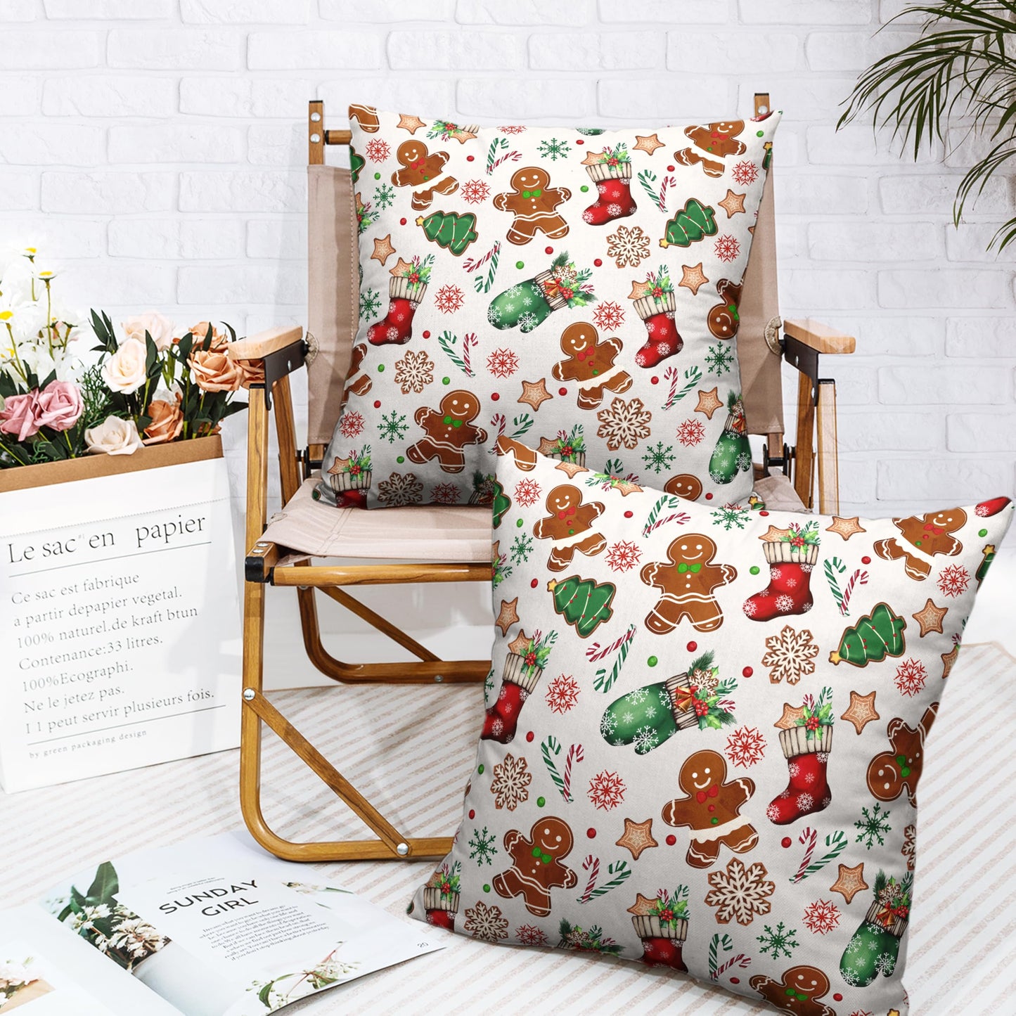 Kwlegh Christmas Pillow Covers 18x18 Set of 2 Gingerbread Man Throw Pillow Covers Xmas Tree Socks Gloves Snowflakes Pillow Case for Holiday Decor Couch Sofa