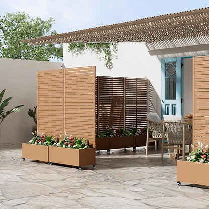 Casaphoria Metal Raised Garden Bed with Trellis and Wheels, 72"x35"x16" Planter Box for Climbing Plants, Vegetables & Vines, Features Drainage Holes and Privacy Screen (Brown-Louvered)