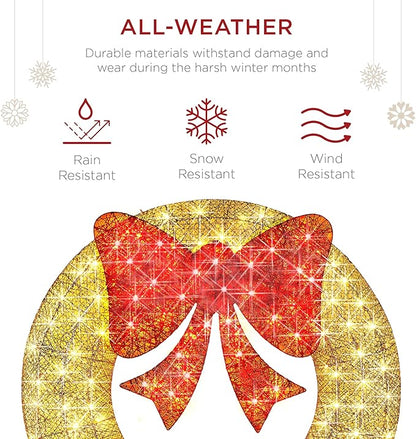Best Choice Products 48in Pre-Lit Outdoor Christmas Wreath Decoration, LED Metal Holiday Decor for Home w/ 140 Lights, Bow - Gold/Red