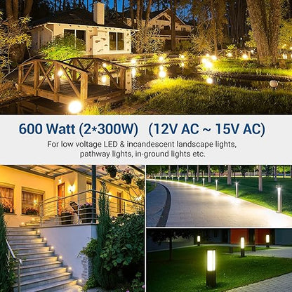 DEWENWILS 600W Low Voltage Landscape Transformer, Outdoor Weatherproof Transformer with Timer and Photocell Sensor, 120V AC to 12V/13V/14V/15V AC for LED Lighting, Walkway Light, cULus Listed
