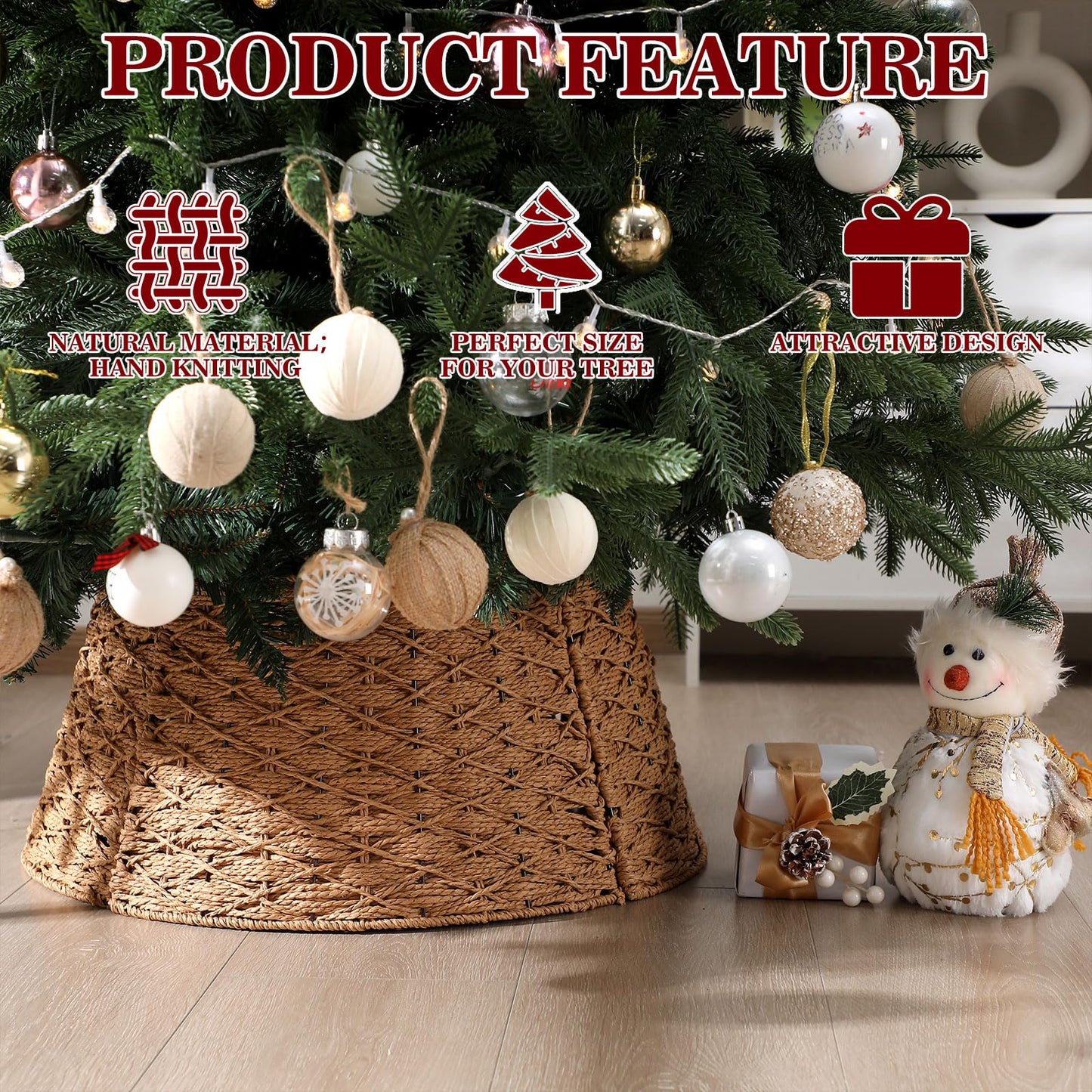 Poen Woven Rattan Christmas Tree Collar, Neutral Wicker Tree Skirt, Rustic Farmhouse Christmas Stand Base Cover Decor Handmade X-Shape Weave Design(Khaki,24 Inch)