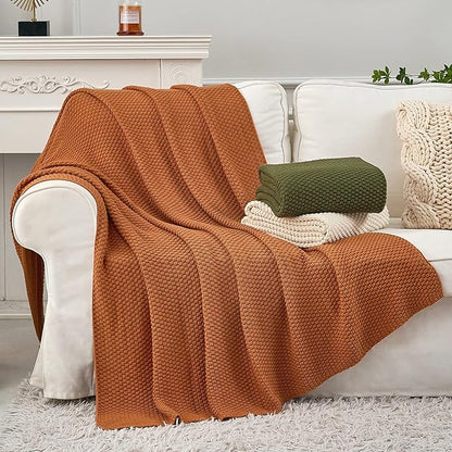 Longhui bedding Burnt Orange Knitted Throw Blanket for Couch, Soft, Cozy Machine Washable 100% Cotton Sofa Knit Blankets, Heavy 4.0lb Weight, 60 x 80 Inches, Laundry Bag Included