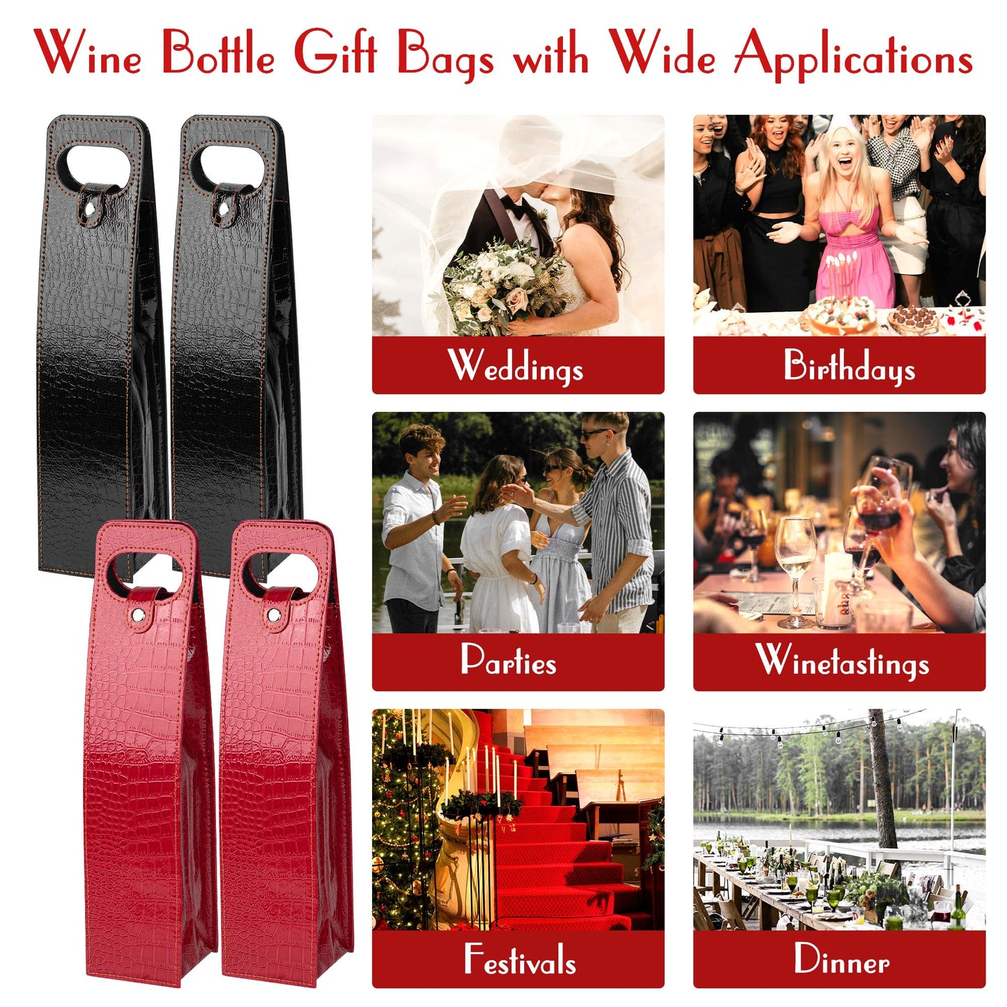 JANKINGS Gift Bags For Wine Bottles, Reusable Leather Wine Tote Carrier, Single Bottle Champagne Gift Bags Carrier for Birthday, Wedding, Party (4Pcs 2 Red+2 Black)