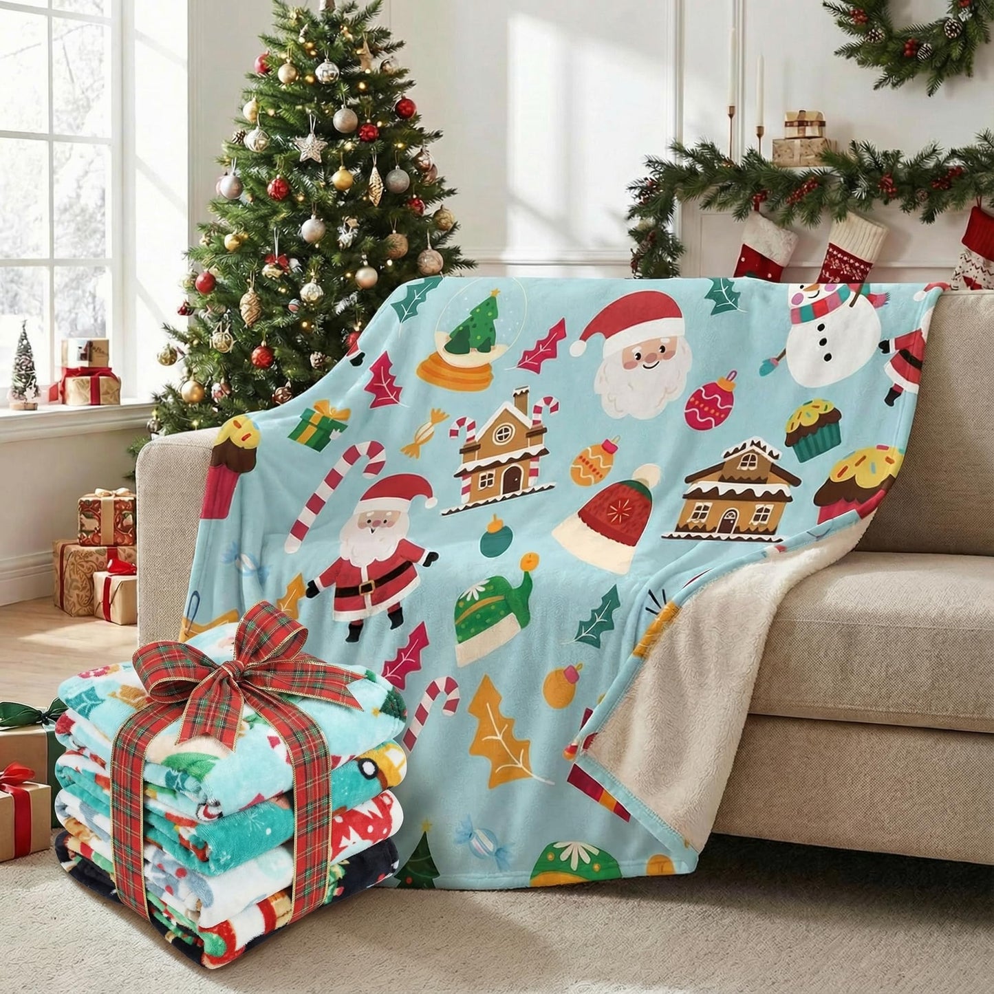 Buryeah 4 Pcs 40 x 50 Inch Christmas Throw Blanket Warm Soft Santa Claus Christmas Tree Gingerbread Plush Blanket Flannel Fleece Throw for Xmas Couch Chair Bedroom Picnic Home Decoration