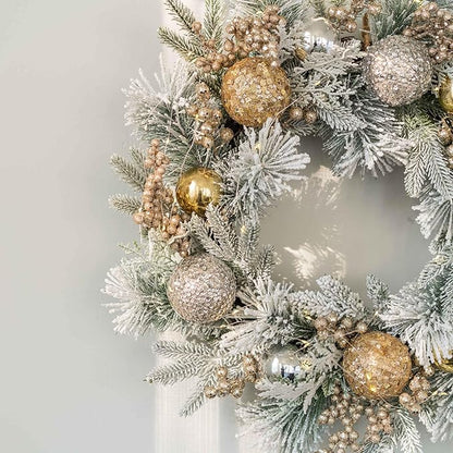 YULETIME 24" Christmas Wreath, Artificial Holiday Wreath with Baubles, Berries, Leaves, Spruce Branches, Snowy Pine Needles (Gold Bauble)