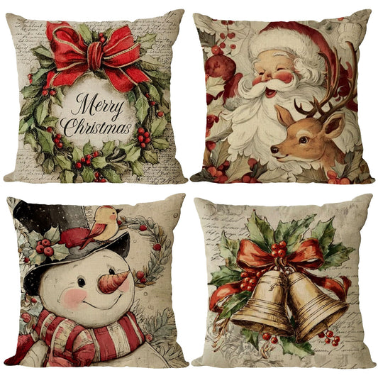 YeeJu Set of 4 Christmas Pillow Covers 12x12 Vintage Farmhouse Christmas Pillow Cases Gnome Snowman Santa Tree Xmas Holiday Cushion Covers Outdoor Couch Sofa Home Decorations(12)