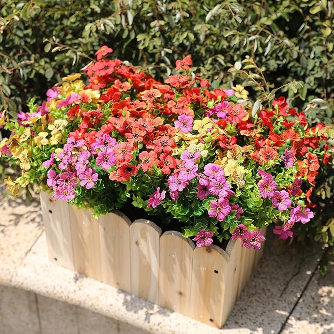 Outdoor Artificial Flowers, 16 Bundles Fake Flowers Autumn Decoration, No Fade Faux Plastic Shrubs for Garden Patio Porch Window Box Fall Decor (Fuchisa,Rose Yellow,Red)