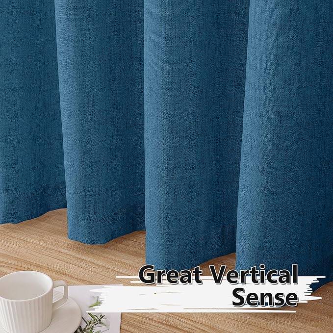 Tollpiz Linen Curtain Bedroom Rod Pocket Semi Sheer Curtains Burlap Light Filtering Thick Linen Drape for Living Room, 38 x 84 inches Long, Classic Blue, Set of 2 Panels