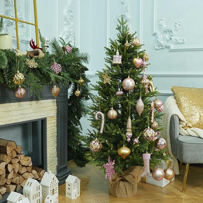 SHareconn 145pcs Christmas Balls Ornaments Set, Shatterproof Plastic Baubles Snowflakes, Stars and Tree Topper for Xmas Tree Holiday Wedding Party Decorations with Hanging Strings, Gold and Pink