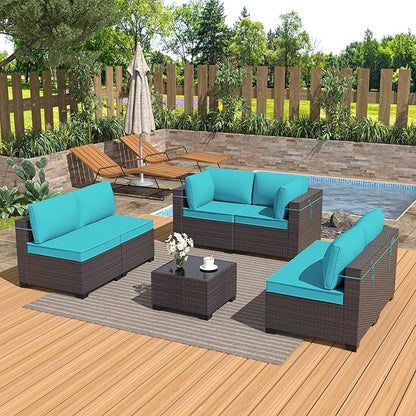 Kurapika 7 Pieces Patio Furniture Set, Rattan Wicker Outdoor Conversation Sets w/4 Inch Cushion and Glass Coffee Table(Blue)