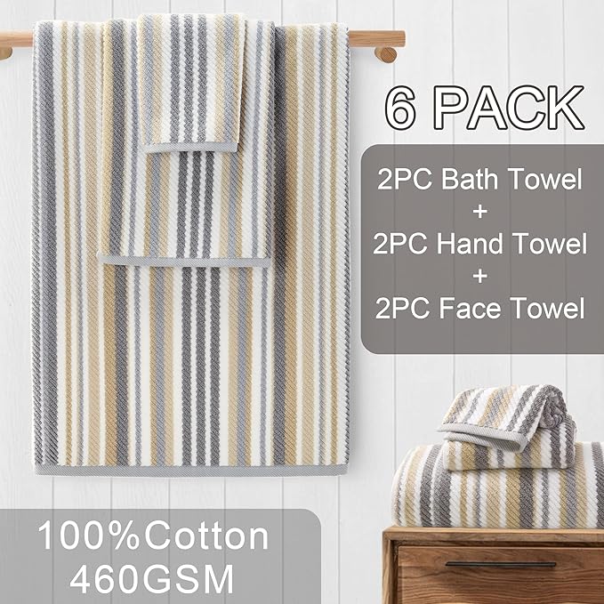 Cotton Towels Set of 6, 2 Absorbent Hand 16"x27", 2 Lightweight Washcloth