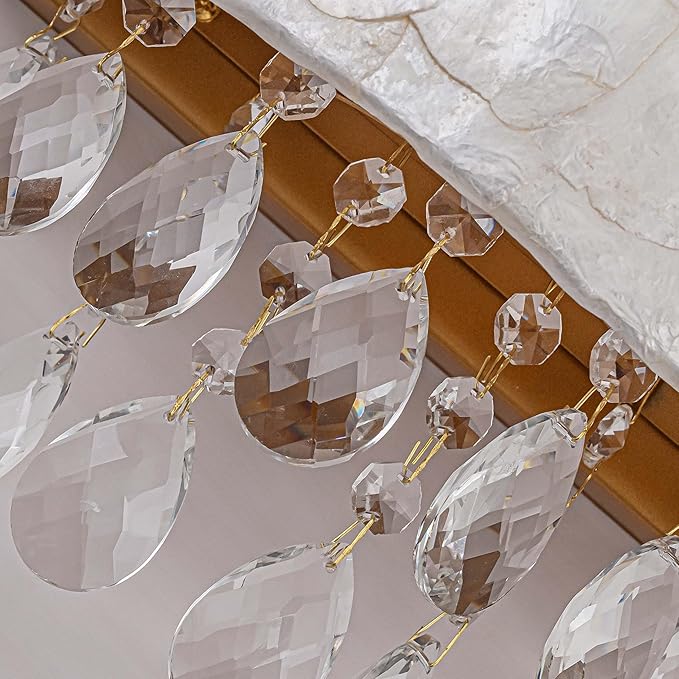 2-Lights Capiz Shell Crystal Wall Sconces, Coastal Design Indoor Wall Lamp, Vanity Wall Mount Light Fixture for Bathroom, Hallway, Bedroom, Shell Lampshade, Crystal Pendants & Gold Finish