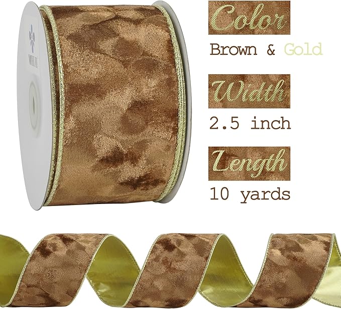 MEEDEE 2-1/2 inch Brown and Gold Velvet Ribbon 10 Yards Spool Two Tone Wired Ribbon for Christmas Tree, Gift Wrapping, Thanksgiving Wreaths, Fall Velvet Bow, Crafts Supply, Seasonal Decorations