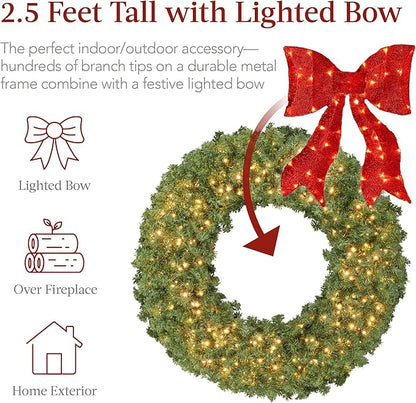 Best Choice Products 30in Large Artificial Pre-Lit Fir Christmas Wreath Holiday Accent Decoration for Door, Mantel w/Red Lighted Bow, 130 LED Lights, 220 PVC Tips, Power Plug-in