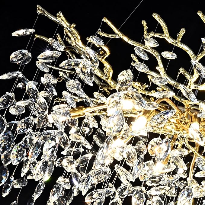 Modern Crystal Chandelier for Dining Room 12-Light Gold Rectangle Raindrop Chandelier Contemporary Rectangular Pendant Light Fixture for Kitchen Island Bar