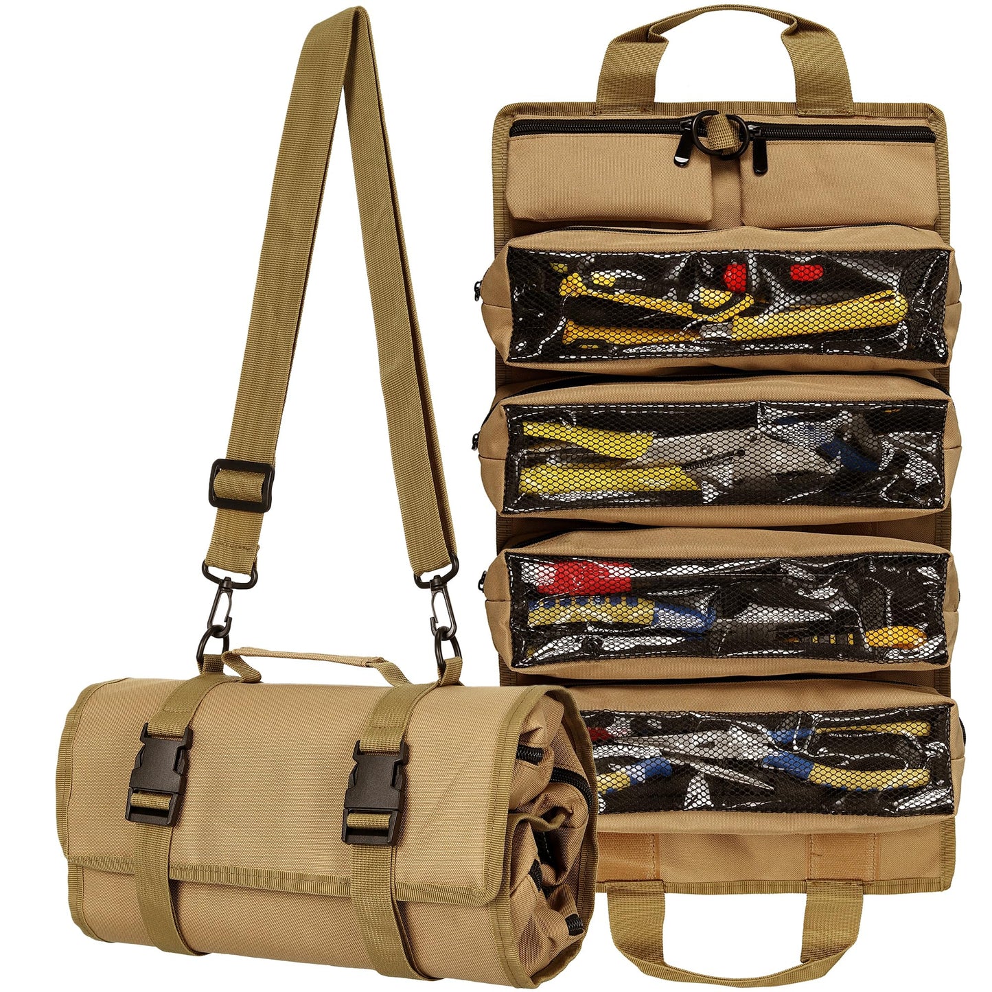 Tool Bag,Gifts for Men,Roll Up Tool Bag, Rollable Carrying Toolbag,Heavy Duty Tool Organizer, Foldable Empty Rollup Organizer with 2 Small Pouches (Khaki)