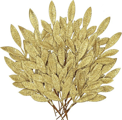 DILATATA 20 Pcs Christmas Glitter Bay Leaves 11" Gold Artificial Glitter Leaf Spray Christmas Tree Picks for Xmas Wreath DIY Garland Home Decor - Gold