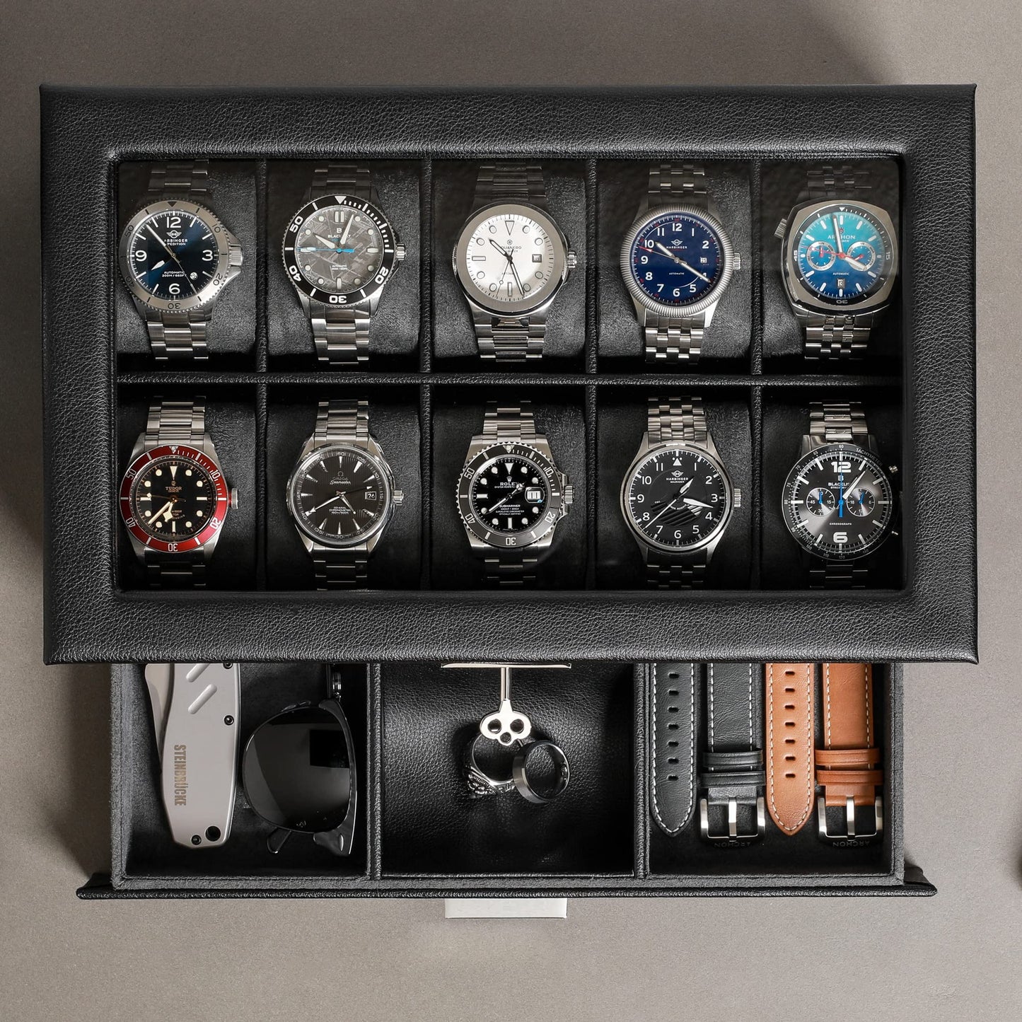 ROTHWELL 10-Slot Watch Box in Leather with Valet Drawer, Luxury Watch Case Display Organizer with Ultra Soft Microsuede Liner, Jewelry and Sunglass Holder With Large Glass top (Black/Grey)